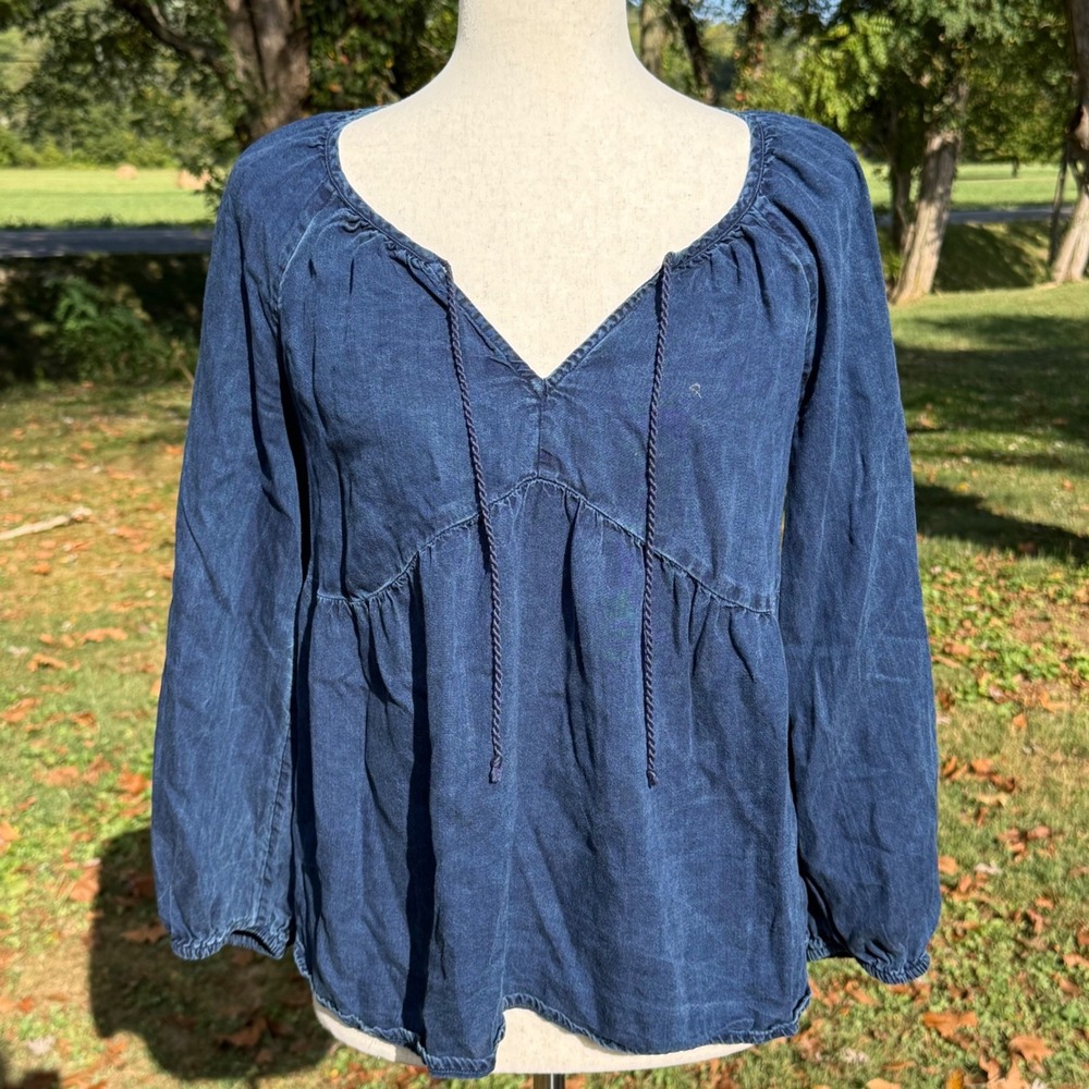 Old Navy Womens Dark Wash Lyocell Swing Top Small V-Neck Tie Blouse Blue